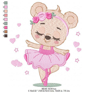 Ballerina Bear embroidery designs - Ballet Dancer with hearts machine embroidery pattern - Baby girl file - Instant digital download pes jef