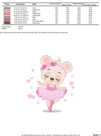 Ballerina Bear embroidery designs - Ballet Dancer with hearts machine embroidery pattern - Baby girl file - Instant digital download pes jef