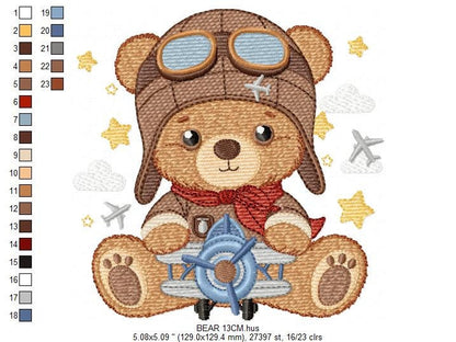 Pilot Bear embroidery designs - Plane embroidery design machine embroidery pattern - Teddy bear embroidery file - Bear Pilot boy embroidery