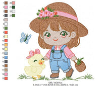 Laden Sie das Bild in den Galerie-Viewer, Girl embroidery designs - Gardener embroidery design machine embroidery pattern - Spring embroidery file - Girl with hat plants and chicks
