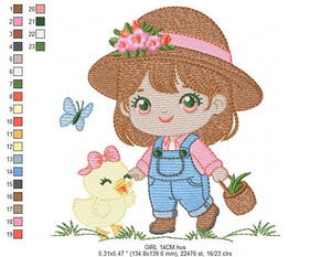 Girl embroidery designs - Gardener embroidery design machine embroidery pattern - Spring embroidery file - Girl with hat plants and chicks