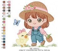 Load image into Gallery viewer, Girl embroidery designs - Gardener embroidery design machine embroidery pattern - Spring embroidery file - Girl with hat plants and chicks
