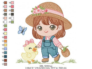 Girl embroidery designs - Gardener embroidery design machine embroidery pattern - Spring embroidery file - Girl with hat plants and chicks