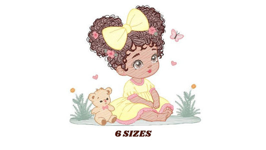 Baby girl embroidery design - Toddler embroidery designs machine embroidery pattern - kid embroidery file - Curly hair girl with bear toy