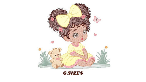 Baby girl embroidery design - Toddler embroidery designs machine embroidery pattern - kid embroidery file - Curly hair girl with bear toy