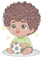 Load image into Gallery viewer, Baby boy embroidery designs - Soccer embroidery design machine embroidery file - Boy with ball and curly hair embroidery - Soccer player
