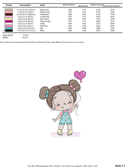 Baby girl embroidery designs - Toddler embroidery design machine embroidery pattern - girl with heart balloon embroidery file - jef download
