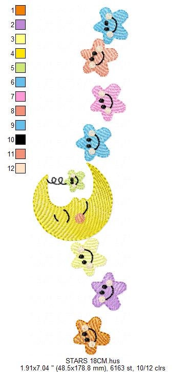 Moon with stars in a line embroidery design - half moon embroidery design machine embroidery pattern - Stars embroidery - sky embroidery