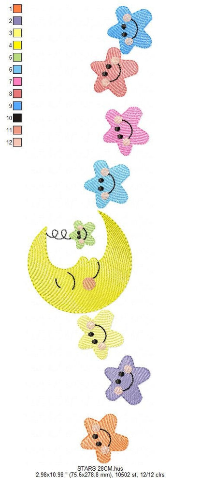 Moon with stars in a line embroidery design - half moon embroidery design machine embroidery pattern - Stars embroidery - sky embroidery