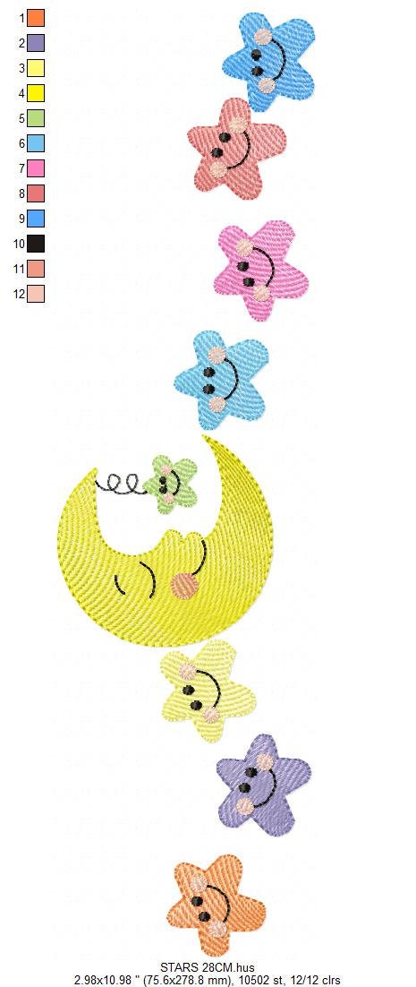 Moon with stars in a line embroidery design - half moon embroidery design machine embroidery pattern - Stars embroidery - sky embroidery