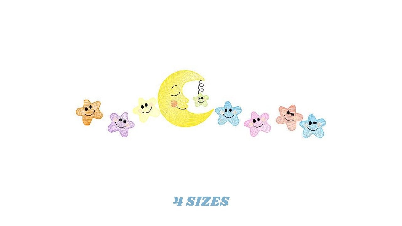 Moon with stars in a line embroidery design - half moon embroidery design machine embroidery pattern - Stars embroidery - sky embroidery