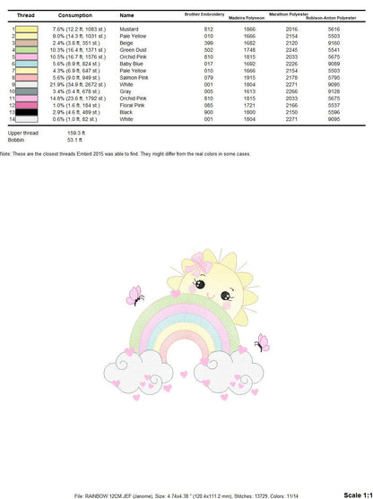 Rainbow embroidery design - Sun and cloud with hearts machine embroidery pattern - Baby girl file - Instant digital download pes jef dst