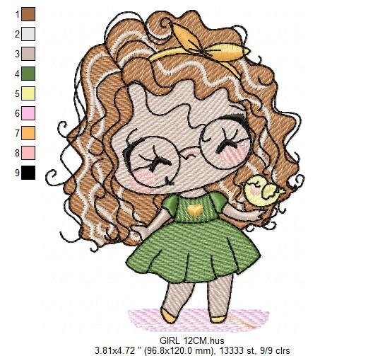 Curly hair girl with glasses embroidery designs - Children embroidery design machine embroidery pattern - Princess Girl embroidery file hus