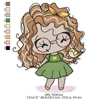 Charger l&#39;image dans la galerie, Curly hair girl with glasses embroidery designs - Children embroidery design machine embroidery pattern - Princess Girl embroidery file hus
