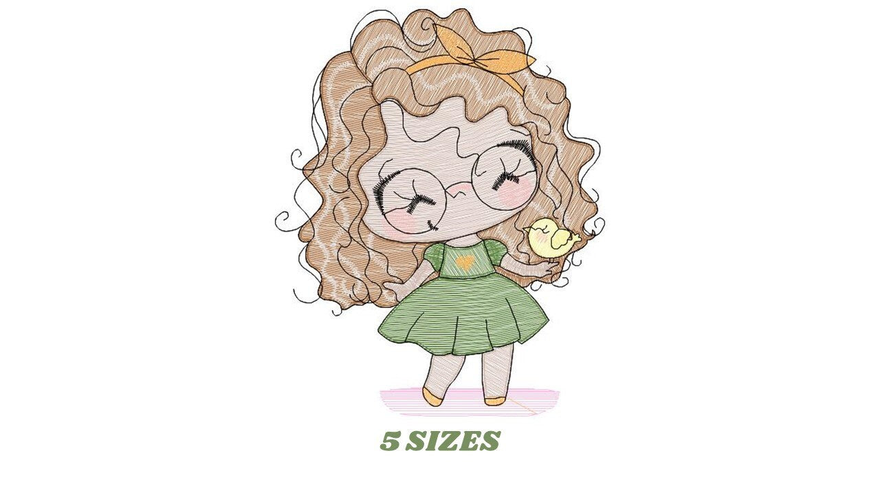 Curly hair girl with glasses embroidery designs - Children embroidery design machine embroidery pattern - Princess Girl embroidery file hus