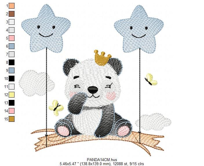 King Panda embroidery design - Animal embroidery designs machine embroidery pattern - Baby boy embroidery file - Panda with stars balloons Marcia Embroidery