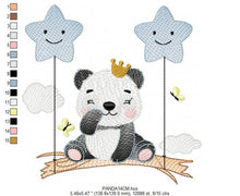 Charger l&#39;image dans la galerie, King Panda embroidery design - Animal embroidery designs machine embroidery pattern - Baby boy embroidery file - Panda with stars balloons
