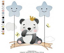 Laden Sie das Bild in den Galerie-Viewer, King Panda embroidery design - Animal embroidery designs machine embroidery pattern - Baby boy embroidery file - Panda with stars balloons
