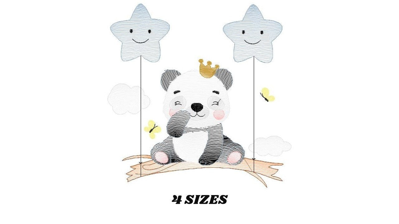 King Panda embroidery design - Animal embroidery designs machine embroidery pattern - Baby boy embroidery file - Panda with stars balloons Marcia Embroidery