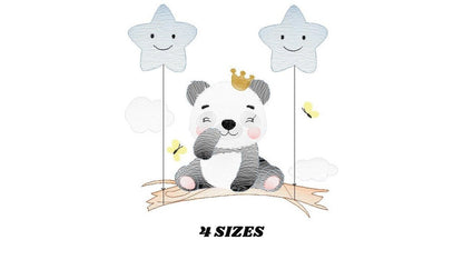 King Panda embroidery design - Animal embroidery designs machine embroidery pattern - Baby boy embroidery file - Panda with stars balloons Marcia Embroidery