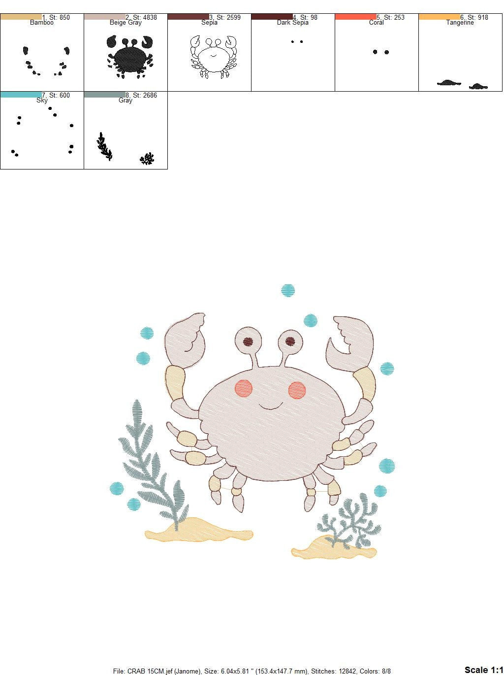 Crab embroidery design - Beach animals embroidery designs machine embroidery pattern - Ocean Life embroidery file - Delicate sea animal pes