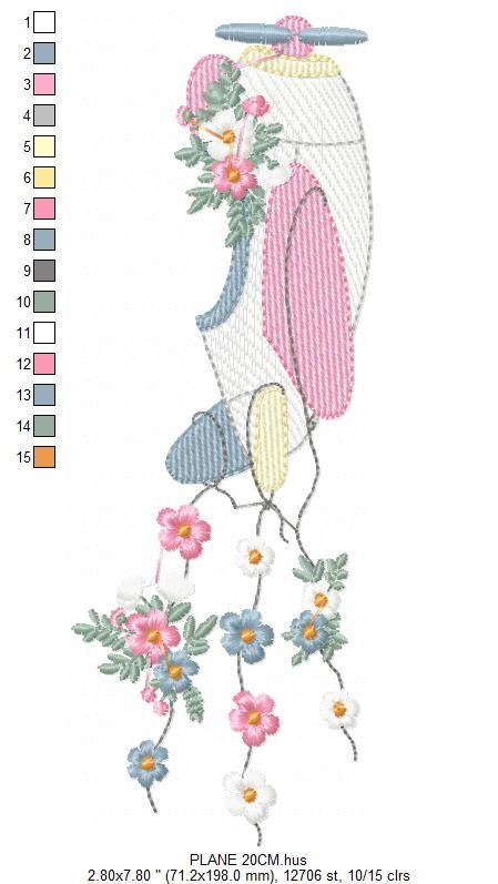Plane with flowers embroidery designs - Airplane embroidery design machine embroidery pattern - Baby girl embroidery file - pes jef download