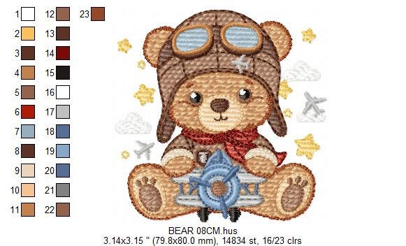 Pilot Bear embroidery designs - Plane embroidery design machine embroidery pattern - Teddy bear embroidery file - Bear Pilot boy embroidery