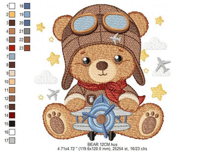 Pilot Bear embroidery designs - Plane embroidery design machine embroidery pattern - Teddy bear embroidery file - Bear Pilot boy embroidery