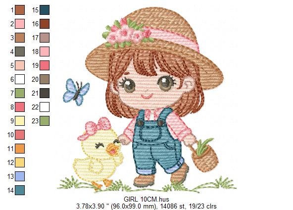 Girl embroidery designs - Gardener embroidery design machine embroidery pattern - Spring embroidery file - Girl with hat plants and chicks