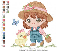 Cargar imagen en el visor de la galería, Girl embroidery designs - Gardener embroidery design machine embroidery pattern - Spring embroidery file - Girl with hat plants and chicks
