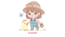 Cargar imagen en el visor de la galería, Girl embroidery designs - Gardener embroidery design machine embroidery pattern - Spring embroidery file - Girl with hat plants and chicks
