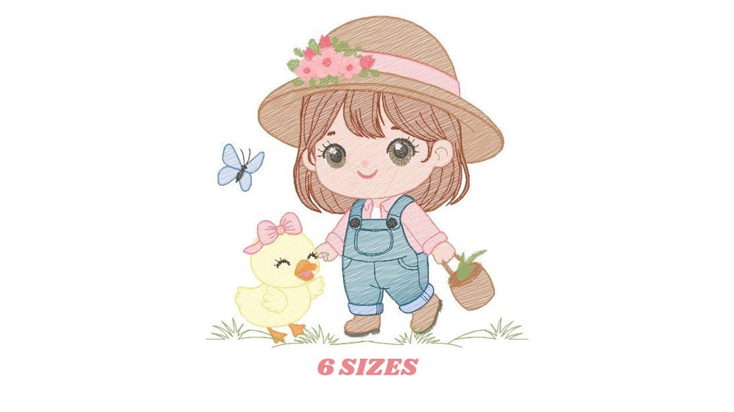 Girl embroidery designs - Gardener embroidery design machine embroidery pattern - Spring embroidery file - Girl with hat plants and chicks