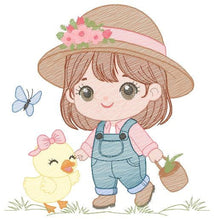 Laden Sie das Bild in den Galerie-Viewer, Girl embroidery designs - Gardener embroidery design machine embroidery pattern - Spring embroidery file - Girl with hat plants and chicks
