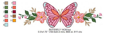 Butterfly with Flowers embroidery designs - Butterfly embroidery design machine embroidery pattern - Kitchen Tea towel embroidery file