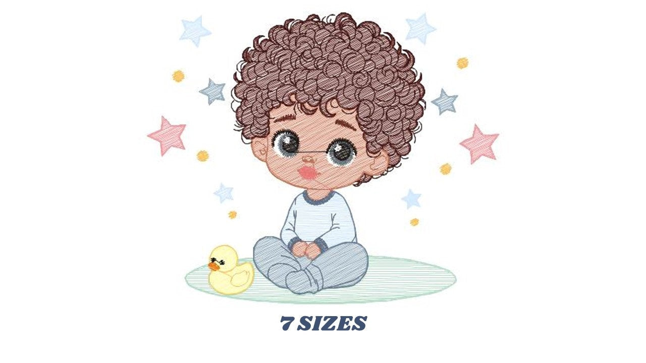 Baby boy embroidery design - Black Boy with curly hair embroidery designs machine embroidery pattern - Boy with toy embroidery download jef