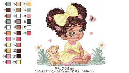 Baby girl embroidery design - Toddler embroidery designs machine embroidery pattern - kid embroidery file - Curly hair girl with bear toy