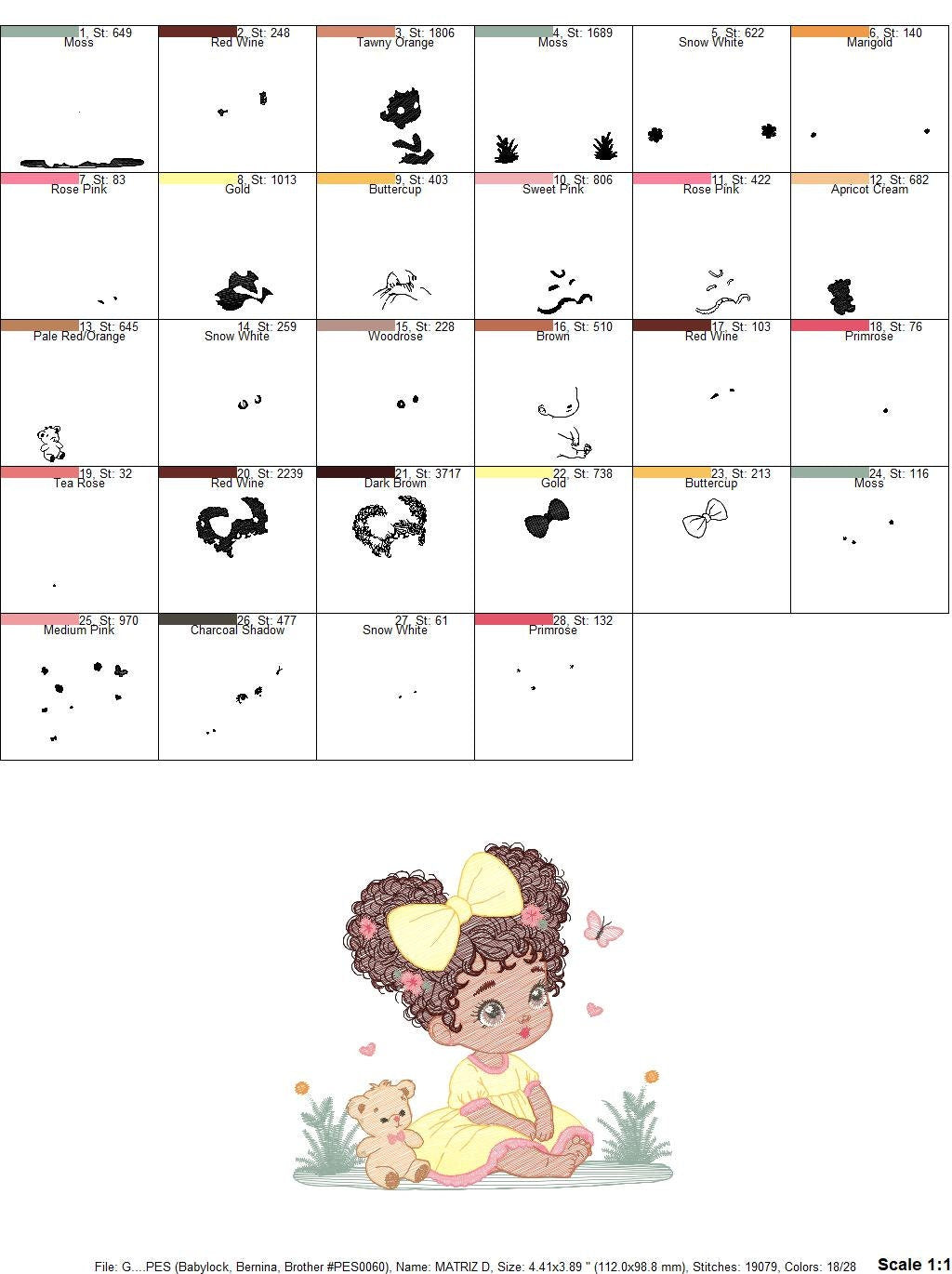 Baby girl embroidery design - Toddler embroidery designs machine embroidery pattern - kid embroidery file - Curly hair girl with bear toy