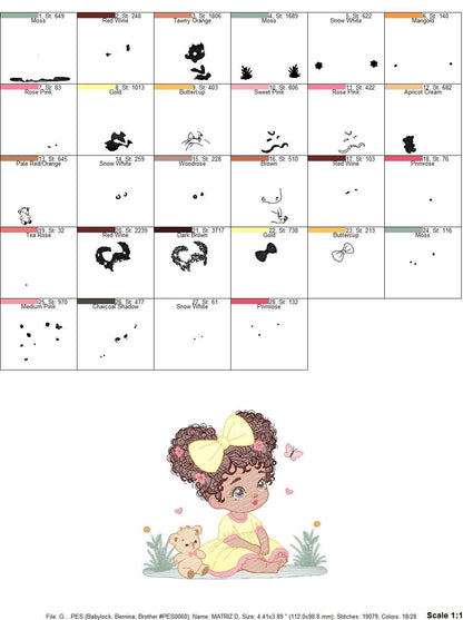 Baby girl embroidery design - Toddler embroidery designs machine embroidery pattern - kid embroidery file - Curly hair girl with bear toy