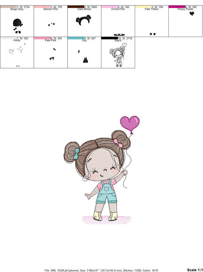 Baby girl embroidery designs - Toddler embroidery design machine embroidery pattern - girl with heart balloon embroidery file - jef download