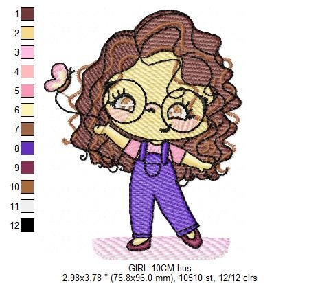 Girl with glasses embroidery designs - Teenager embroidery design machine embroidery pattern - Girl with wavy hair embroidery file download