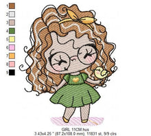 Laden Sie das Bild in den Galerie-Viewer, Curly hair girl with glasses embroidery designs - Children embroidery design machine embroidery pattern - Princess Girl embroidery file hus
