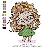 Load image into Gallery viewer, Curly hair girl with glasses embroidery designs - Children embroidery design machine embroidery pattern - Princess Girl embroidery file hus
