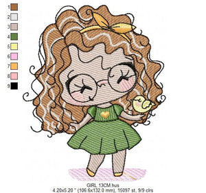 Curly hair girl with glasses embroidery designs - Children embroidery design machine embroidery pattern - Princess Girl embroidery file hus