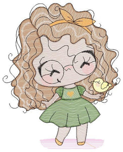 Curly hair girl with glasses embroidery designs - Children embroidery design machine embroidery pattern - Princess Girl embroidery file hus