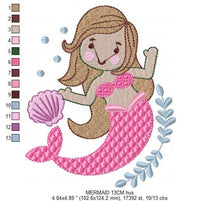 Load image into Gallery viewer, Mermaid embroidery designs - Sea Princess embroidery design machine embroidery pattern Baby Girl embroidery file - Mermaid with shells
