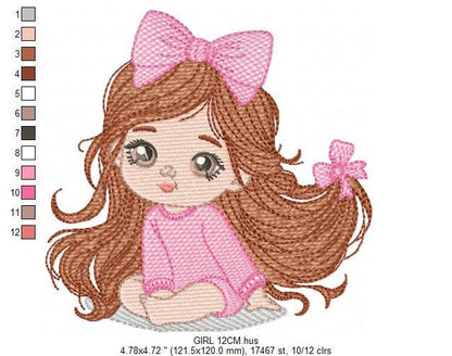 Girl embroidery designs - Baby girl with lace embroidery design machine embroidery pattern - Toddler embroidery file - Girl with long hair