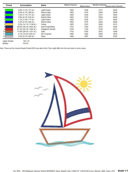 Boat embroidery designs - Sailboat applique machine embroidery pattern - Ocean Nautical file - Instant digital download pes jef dst hus vp3