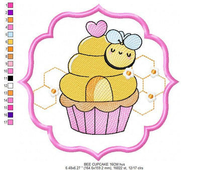 Bee embroidery design - Bee Cupcake embroidery designs machine embroidery pattern - Baby girl embroidery file - honey bee design frame pes