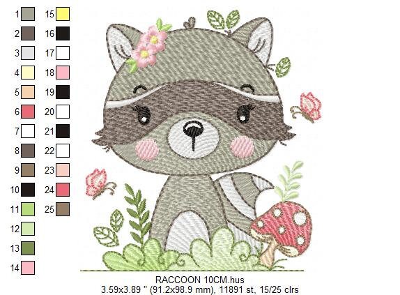 Raccoon embroidery designs - Woodland Animal embroidery design machine embroidery pattern - Baby girl embroidery file - instant download pes