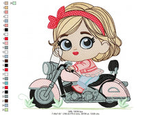 Load image into Gallery viewer, Girl with bike embroidery designs - Baby Girl embroidery design machine embroidery pattern - Scooter embroidery file - Motorcycle Chopper
